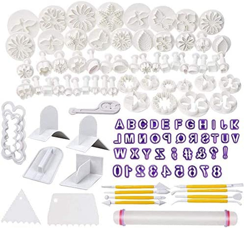 WELWEL Fondant Molds, 114 Cutters and Fondant Decorating Tools Set,Cake Sugarcraft Fondant Tools Kit with Rolling Pin,Smoother Embosser Moulds