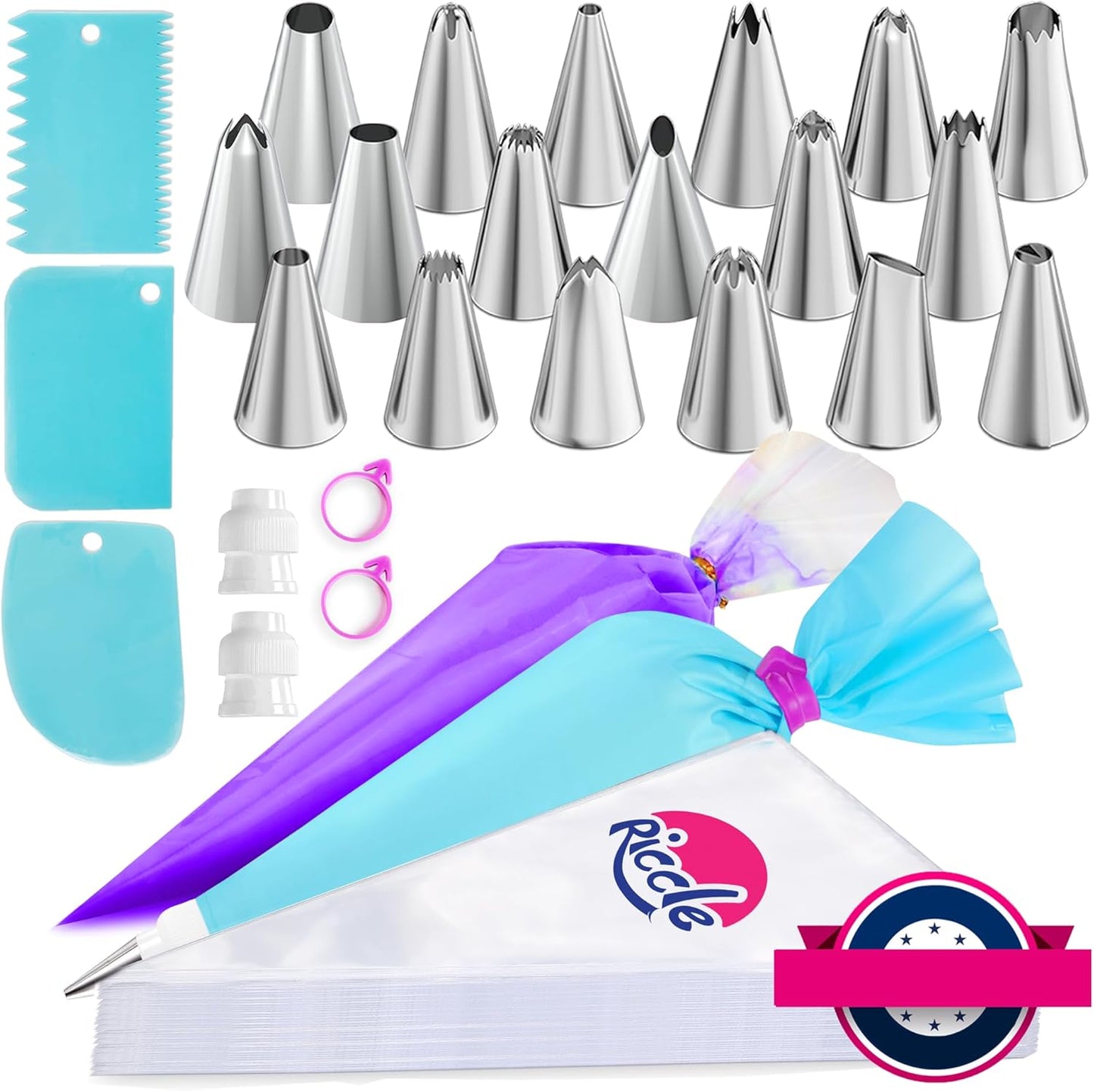 Piping Bags and Tips Set, 12 Inch 100 anti Burst Piping Bags, Cake Decorating Kit with 18 Piping Tips, 1 Reusable Pastry Bags, 3 Cake Scrapers, 2 Couplers, and 2 Icing Bags Ties