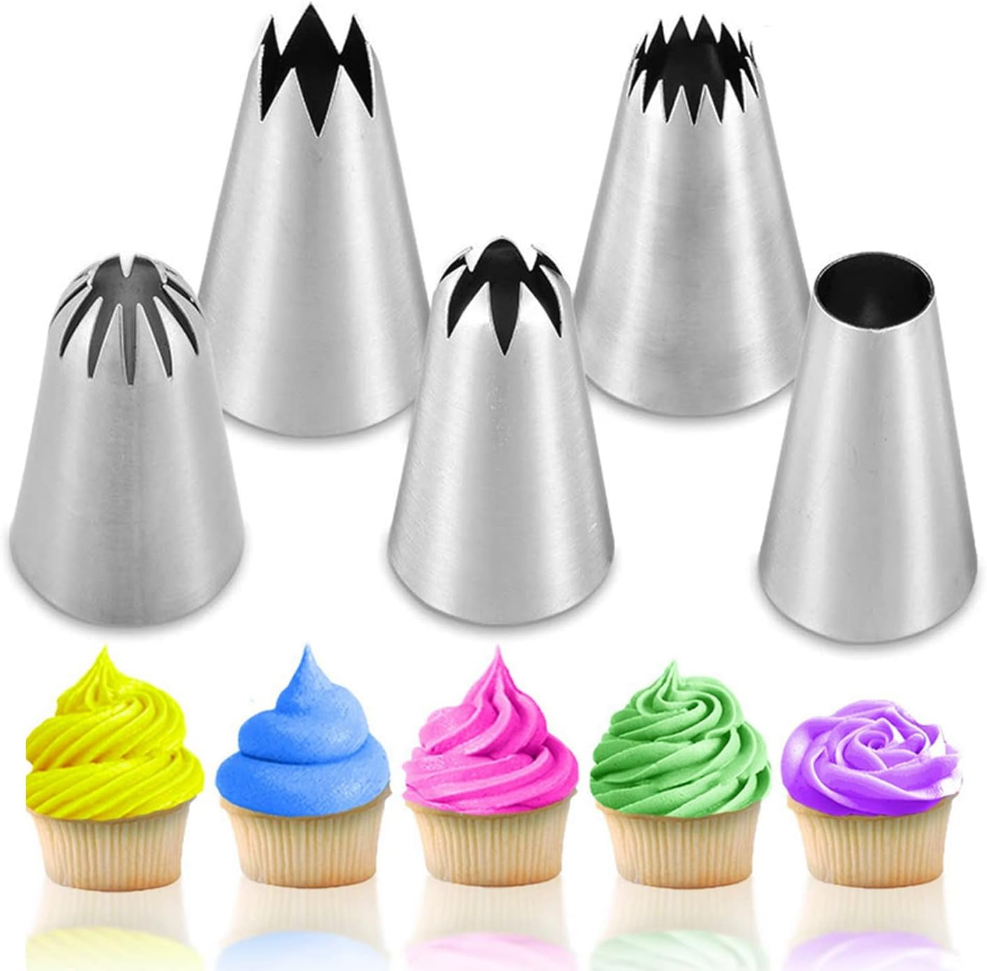 5 Pcs/Set Large Piping Tips Set,Stainless Steel Frosting Piping Kit,Pastry Cake Decorating Tips Baking Tools for Cookies Cupcake Decorating Kit (1A 1E 348 347 356)