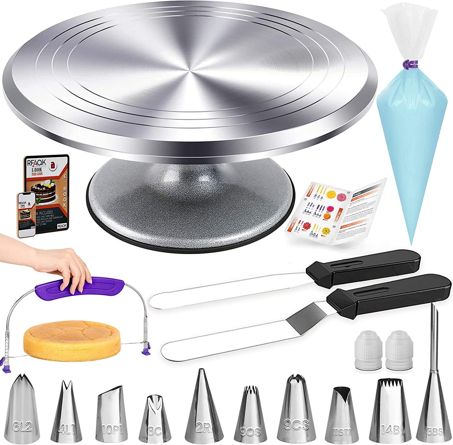 50Pcs Cake Turntable Set -12" Aluminum Revolving Stand- Professional Cake Leveler- Decorating Supplies Kit with Straight & Offset Spatula-Numbered Icing Tips & Bags