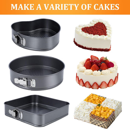 115 PCS Heart Shaped Cake Pans Springform Pans Set Cheesecake Pan with Removable Base Circular Square Nonstick and Leak Proof Spring Form Pan (9/10/11 Inches) with Cake Decorating Supplies for Baking