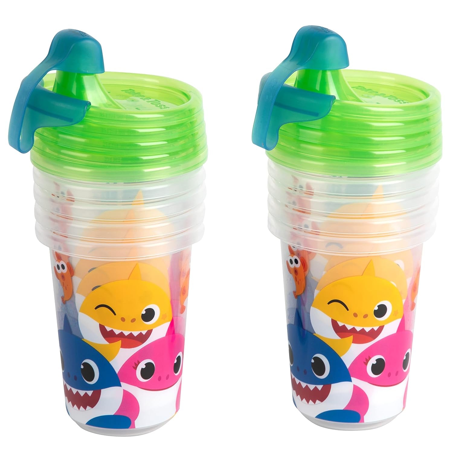 Take & Toss Pinkfong Baby Shark Sippy Cups - Reusable Toddlers Cups with Lids - Kids Party Pack with 2 Travel Caps - 10 Oz - 10 Count