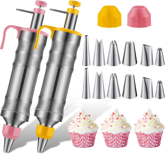 2 Sets Icing Decoration Gun Set Dessert Decorating Decorator Syringe Cake Decorating Tool and 12 Pcs Russian Piping Icing Nozzles Cupcake Filling Injector Cake Icing Tool for Baking (Pink, Yellow)