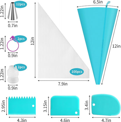 Piping Bags and Tips Set -Ultimate Cake Decorating Supplies Kit - Included 100 Disposable Pastry Bags, 1 Reusable Silicone Bag, 2 Couplers, 12 Frosting Tips, 2 Ties, 3 Icing Scrapers for Baking